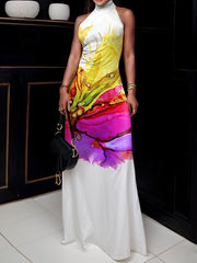Flower Print Skinny Sleeveless High Neck Maxi Dresses