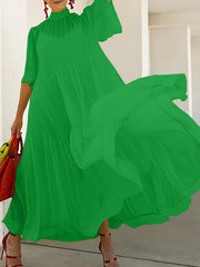 Solid Color Loose Plus Size Split-Joint Inner Dress + Mock Neck Mesh Pleated Outer Dress Two Pieces Set