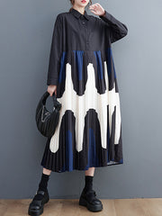 Contrast Color Pleated Printing Split-Joint A-Line Long Sleeves Polo Midi Dresses