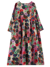 Flower Print Pockets Split-Joint Long Sleeves Loose Round-Neck Midi Dresses