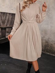 Pleated Solid Color Split-Joint Tied Waist Long Sleeves Loose Round-Neck Midi Dresses
