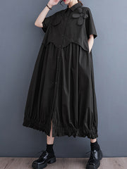 Elasticity Pleated Split-Joint Loose Short Sleeves Lapel Midi Dresses