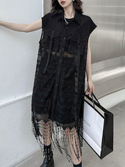Sleeveless See-Through Split-Joint Tasseled Lapel Lace Midi Dresses