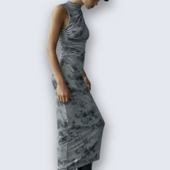 Gray Sleeveless Side Ruching Midi Dress