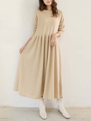 Casual Loose Long Sleeves Solid Color Round-Neck Midi Dresses