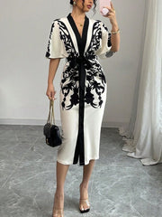 Half Sleeves Flower Print Printed Tied Waist V-Neck Midi Dresses