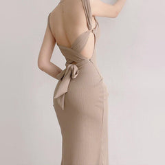 Dark Beige Square Neck Back Strap Midi Dress