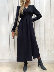 Buttoned Elasticity Solid Color Split-Side A-Line Long Sleeves V-Neck Midi Dresses