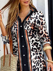 Leopard Split-Joint Split-side Striped Long Sleeves Loose Lapel Shirt Dress Maxi Dresses