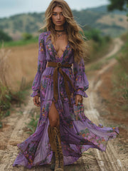 Vintage Floral Long Sleeves Ruffled Maxi Dresses