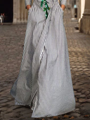 A-Line Loose Asymmetric Split-Joint Striped V-Neck Maxi Dresses Shirt Dress
