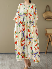 Printed Oversize Puff Sleeves Round-Neck Midi Dresses