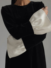 Contrast Color Pleated Split-Joint Flared Sleeves Long Sleeves Round-Neck Midi Dresses