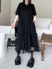 Gauze Pleated Solid Color Split-Joint Tiered Fake Two-Piece Loose Round-Neck Midi Dresses