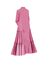 Buttoned Layered Pleated Pockets Ruffled Solid Color Split-Joint A-line Long Sleeves Stand Collar Maxi Dresses
