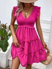 Pleated Ruffle Trim Solid Color Split-Joint Loose Sleeveless Deep V-Neck Mini Dresses