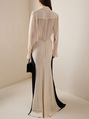 Contrast Color Long Sleeves Loose V-neck Maxi Dresses Evening Dresses