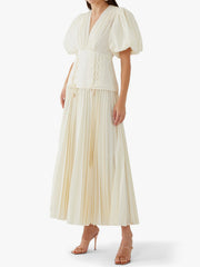 Solid Color Puff Sleeves Pleated High-Waisted Elegant Maxi Dresses
