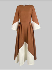 A-Line Long Sleeves Contrast Color Pleated Pockets Split-Joint High Neck Midi Dresses