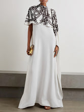 Contrast Color Printed A-Line Capelet Mock Neck Maxi Dresses