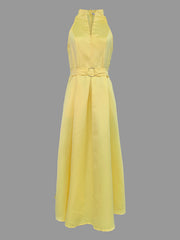 Belted Pleated Pockets Solid Color A-line Loose V-neck Midi Dresses