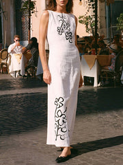 Flower Print Tied Waist Loose Sleeveless Round-neck Maxi Dresses