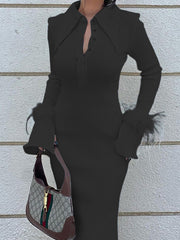 Feathers Slightly Sheer Split-Joint Skinny Lapel Maxi Dresses