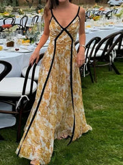 Floral Printed Sleevless Spaghetti-Neck Elegant Wrap Maxi Dresses