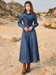 Vintage Bohemia Embroidered A-Line Dress Denim Midi Dress