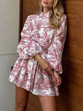 Pleated Printed Split-Joint Tied Waist Loose Puff Sleeves Stand Collar Mini Dresses