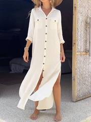 Long Sleeves Loose Buttoned Pockets Split-Side Lapel Maxi Dresses Shirt Dress