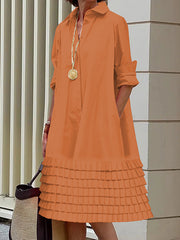 Layered Pleated Pockets Solid Color Split-Joint A-line Long Sleeves Lapel Shirt Dress Midi Dresses