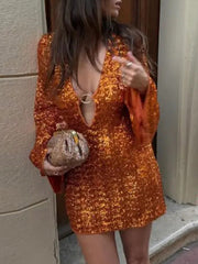 Shiny Sequinned Long Sleeves Hollow Mini Dresses