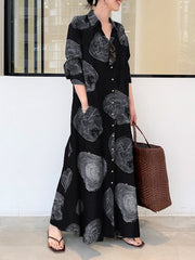 Printed Split-Joint Long Sleeves Loose Lapel Shirt Dress Maxi Dresses