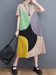 Color-Block Contrast Color Split-Joint Loose Oversize Lapel Shirt Dress Midi Dresses