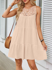 Hollow Pleated Solid Color Split-Joint A-Line Loose Round-Neck Mini Dresses