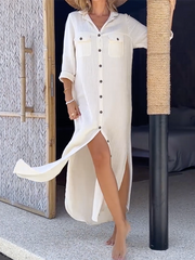 Long Sleeves Loose Buttoned Pockets Split-Side Lapel Maxi Dresses Shirt Dress