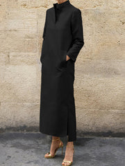 Long Sleeves Loose Solid Color Split-Side Stand Collar Midi Dresses