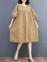 Solid Color Loose Short Sleeves Round-neck Midi Dresses