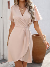 Pleated Solid Color Split-Joint Zipper A-Line Short Sleeves V-Neck Mini Dresses