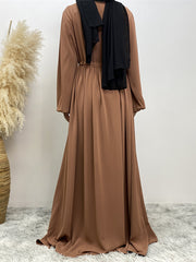 Drawstring Elasticity Muslim Pleated Solid Color Zipper Long Sleeves Loose Round-Neck Maxi Dresses