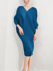 Pleated Solid Color Batwing Sleeves Loose V-Neck Midi Dresses