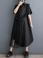Asymmetric Buttoned Ruffled Solid Color Split-Joint A-Line Half Sleeves Lapel Shirt Dress Midi Dresses