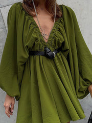 Elasticity Solid Color V-back Long Sleeves Loose Deep V-Neck Mini Dresses