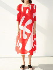 Pleated Print Half Sleeves Loose Round-neck Midi Dresses