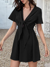 Elasticity Knot Pleated Solid Color A-Line Loose Deep V-Neck Mini Dresses