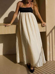 Contrast Color Pleated Split-Joint A-Line Loose Spaghetti-Neck Maxi Dresses