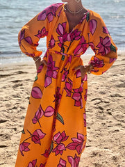 Flower Print Pockets Tied Waist A-Line Long Sleeves V-Neck Maxi Dresses