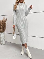 Solid Color Split-Joint Long Sleeves Skinny Round-Neck Sweater Dresses Midi Dresses