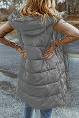Dark Grey Hooded Long Quilted Vest Coat